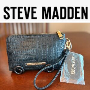 STEVE MADDEN - NWT "Btrell" Double-Zip Black Faux Leather Monogram Wristlet